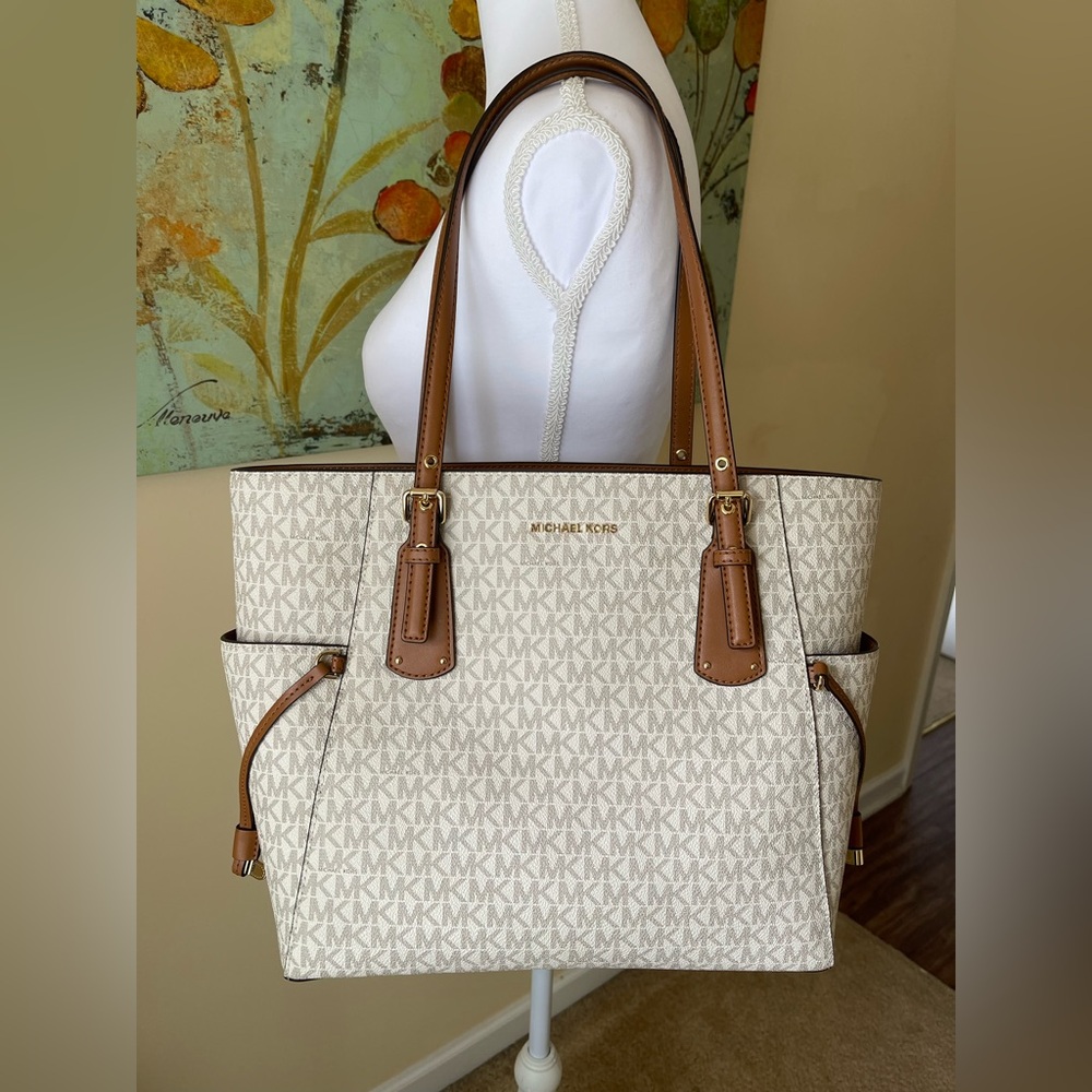 Michael Kors Cream Signature Tote with Brown Trim